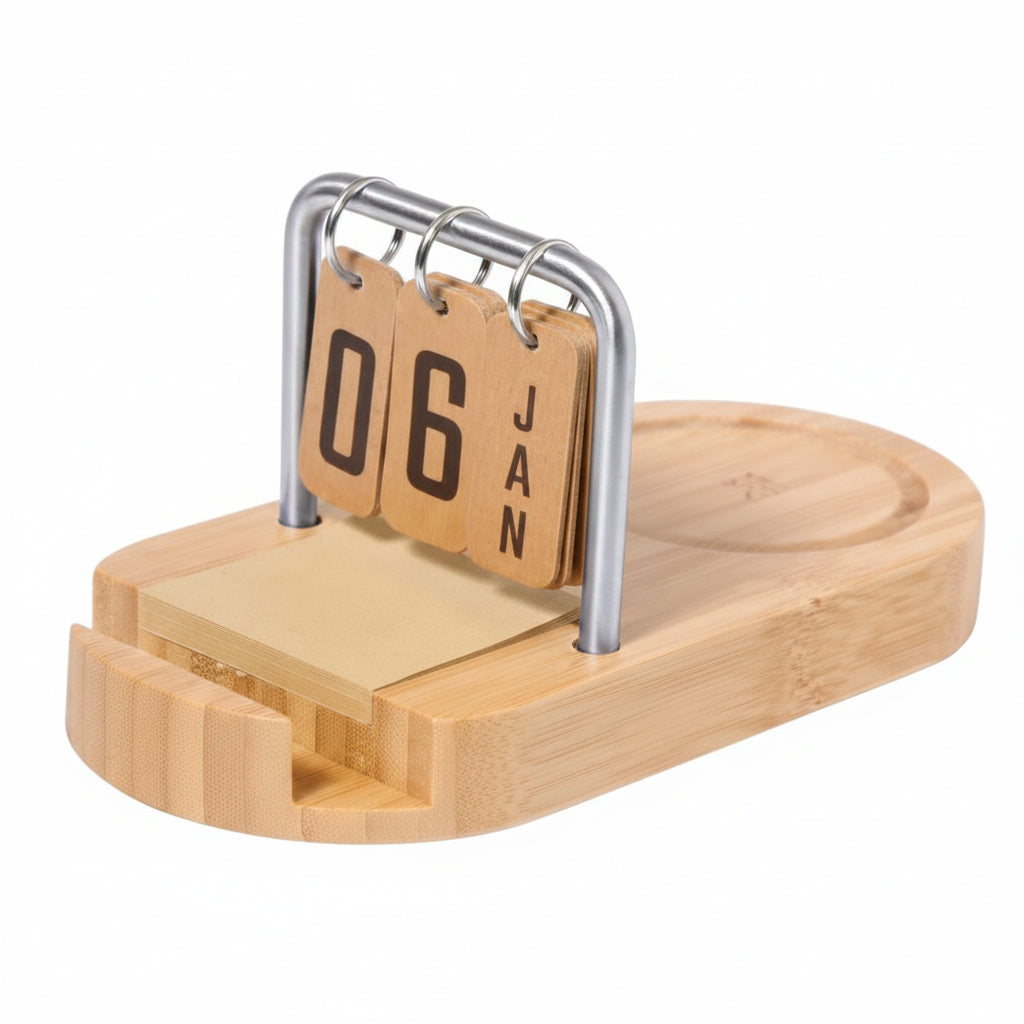 Bamboo Calendar Wireless Charger | Model 9056-4 | 2-in-1 Eco Desk Accessory