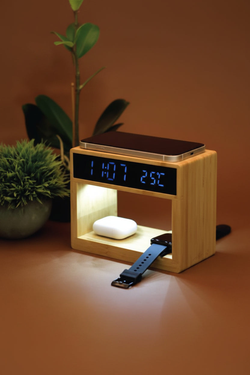 5 in 1 Bamboo Wireless Charger | Model 9056-1 | Eco-Friendly Multi-Device Charger