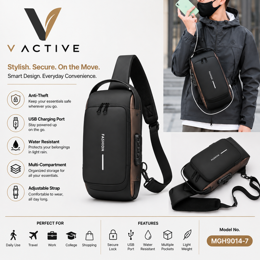 V-Active MGH9014-7 black anti-theft sling bag with USB charging port, secure lock, and adjustable strap