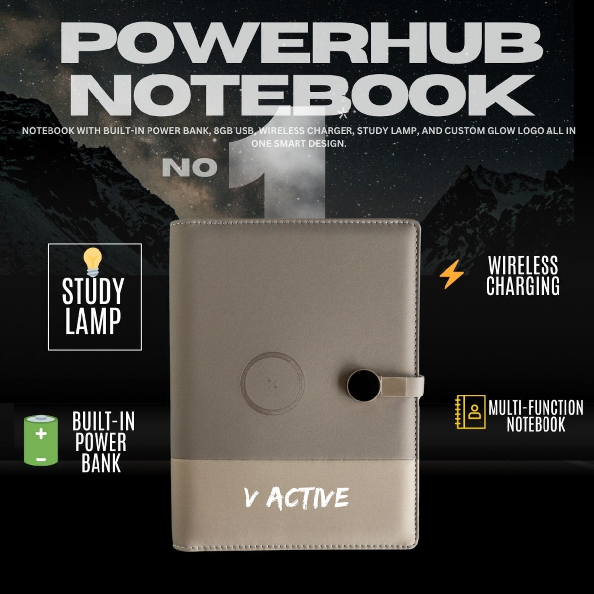 MGH-M2 PowerHub Smart Notebook with Built-in Power Bank, Wireless Charging, 8GB USB and Study Lamp - Grey Beige
