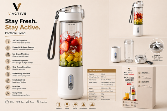 MGH-MM10 VActive Portable Blender Ultra 350ml USB Rechargeable 4-Blade Ice-Crush BPA-Free - White
