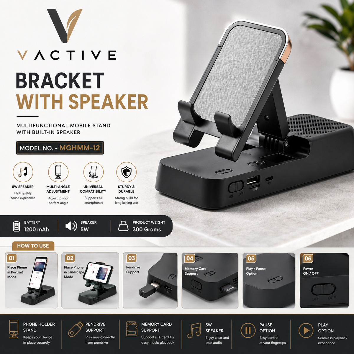 MGH-MM12 VActive Bracket with Speaker - Multifunctional Mobile Stand with 5W Speaker Pendrive and TF Card Support