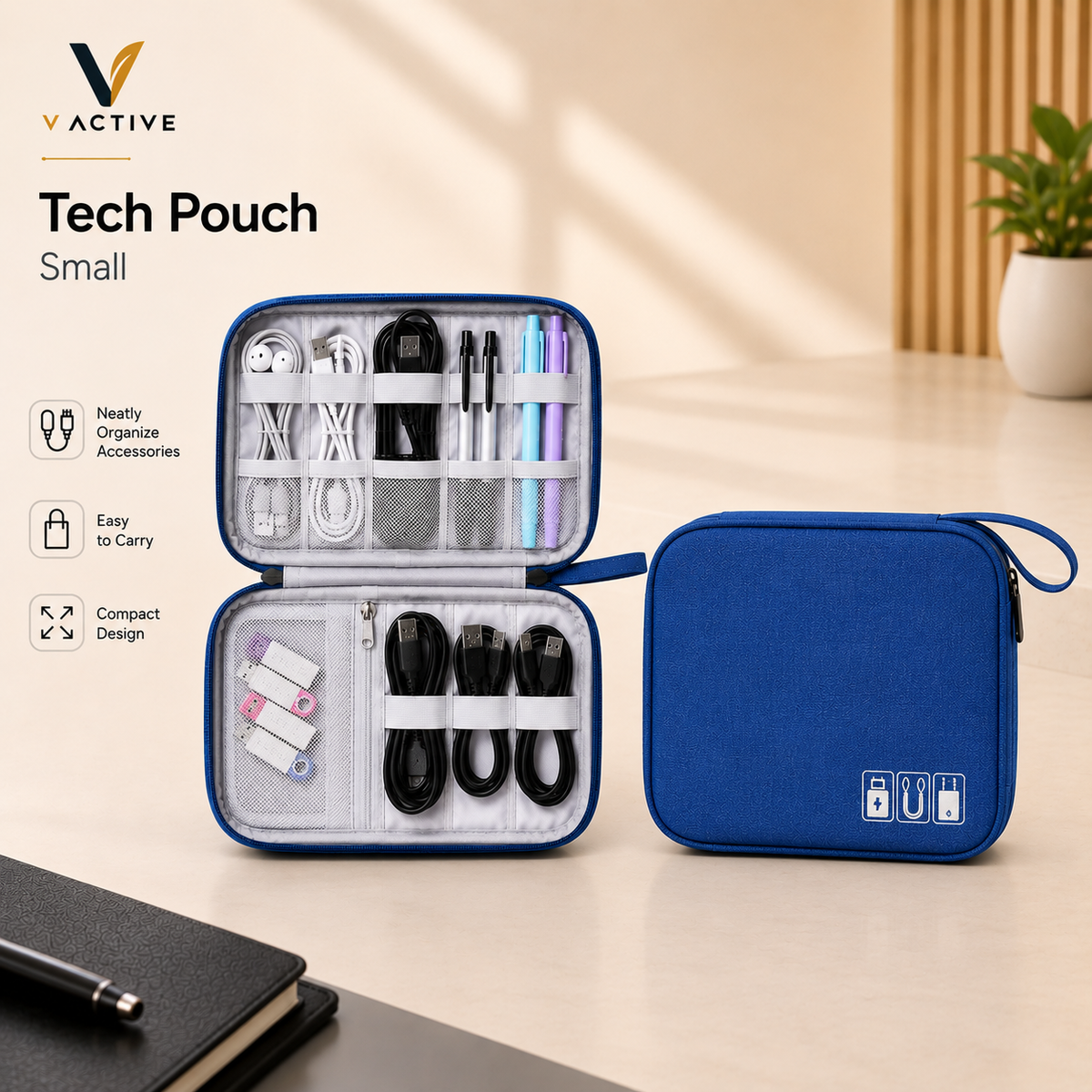 V-Active MGH8031-1 blue small tech pouch organizer with compartments for cables and accessories