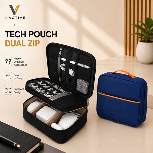 V-Active MGH8031-6 dual zip tech pouch with compartments, elastic loops, and mesh pockets