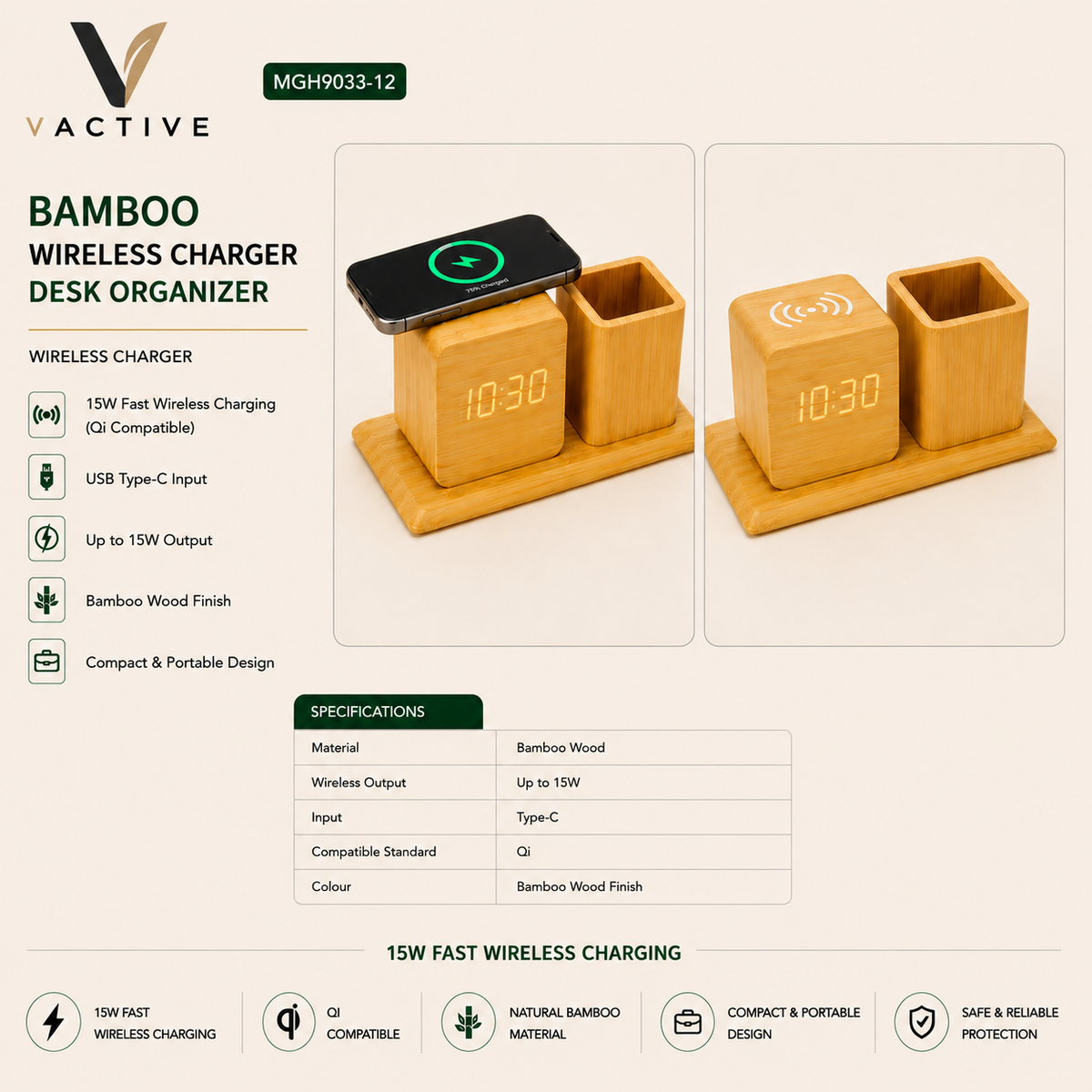 MGH9028-12 Bamboo Wireless Charger with Pen Stand and Desk Organizer