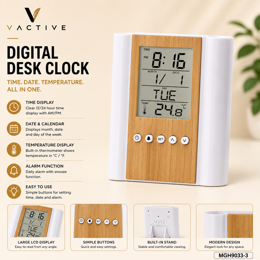 MGH9033-3 | Bamboo Digital Clock with Pen Holder