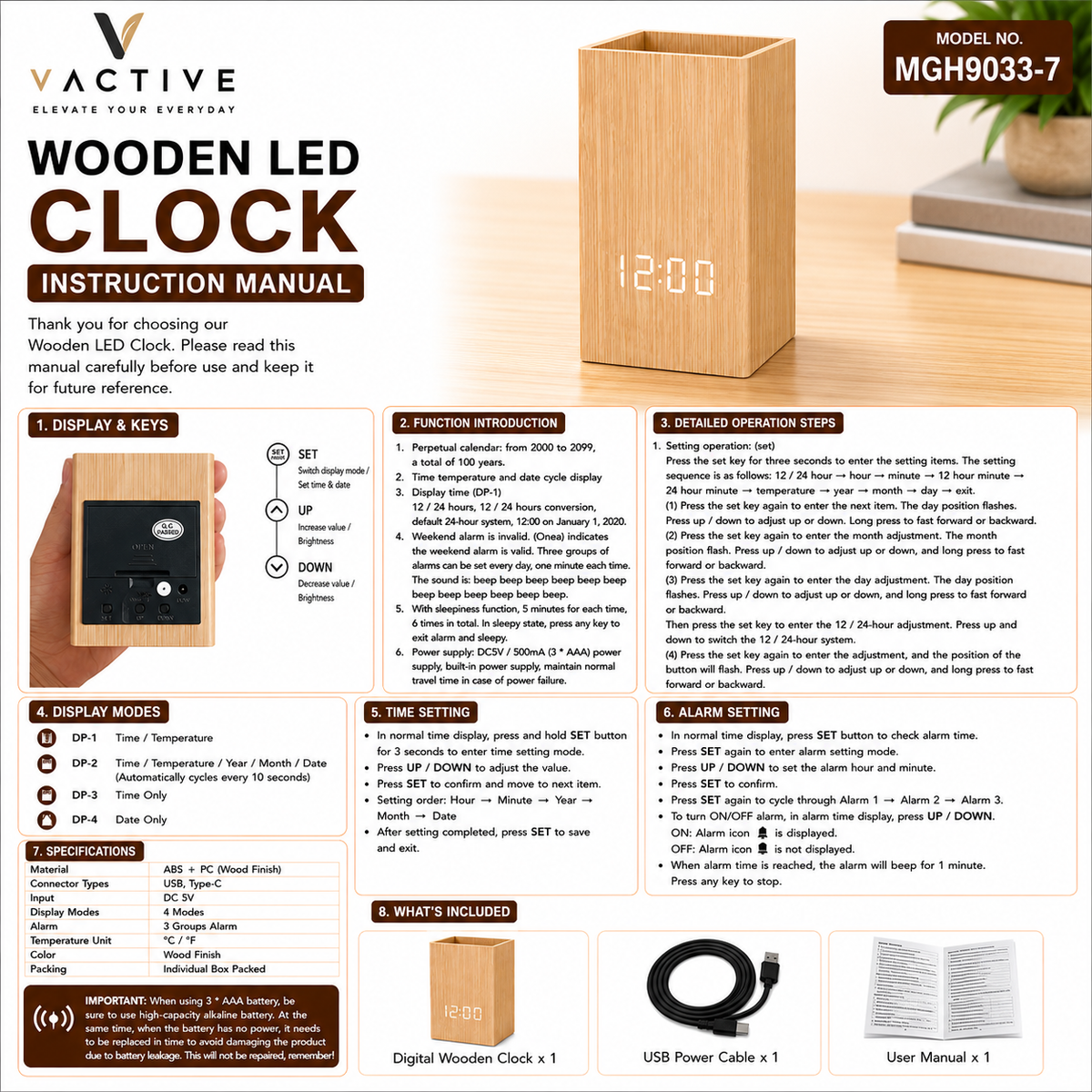 MGH9033-7 | Bamboo Pen Stand with Digital Clock