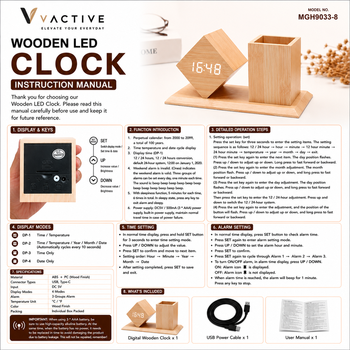 MGH9033-8 | Bamboo Digital Clock with Pen Stand