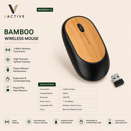 MGH9036-1 Bamboo Wireless Mouse - Black with Bamboo Finish