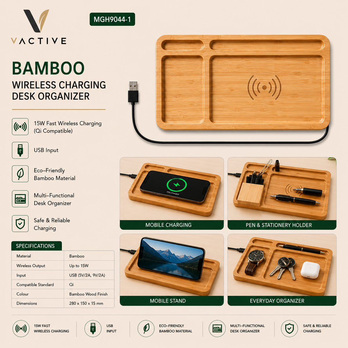 MGH9044-1 | Bamboo Wireless Charger Desktop