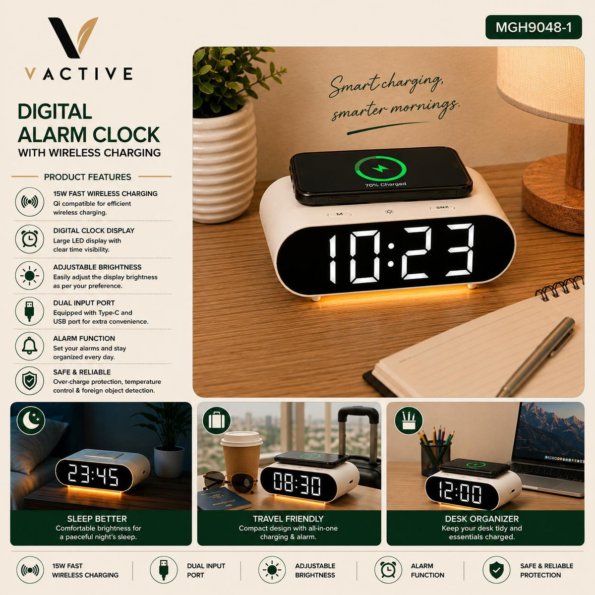 MGH9048-1 Digital Alarm Clock with 15W Wireless Charging - White