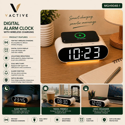 MGH9048-1 Digital Alarm Clock with 15W Wireless Charging - White