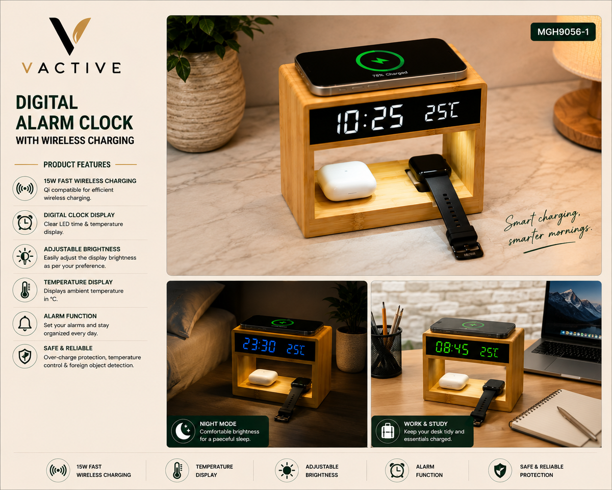 MGH9056-1 Bamboo 4-in-1 Digital Alarm Clock with 15W Wireless Charging Station
