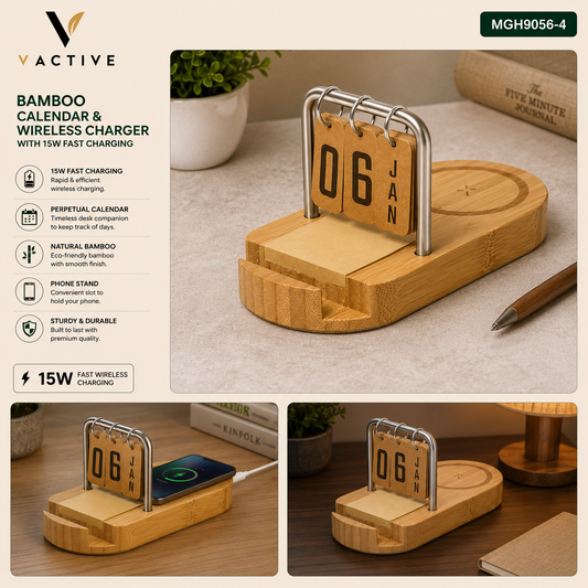 MGH9056-4 Bamboo Calendar & Wireless Charger with 15W Fast Charging and Phone Stand