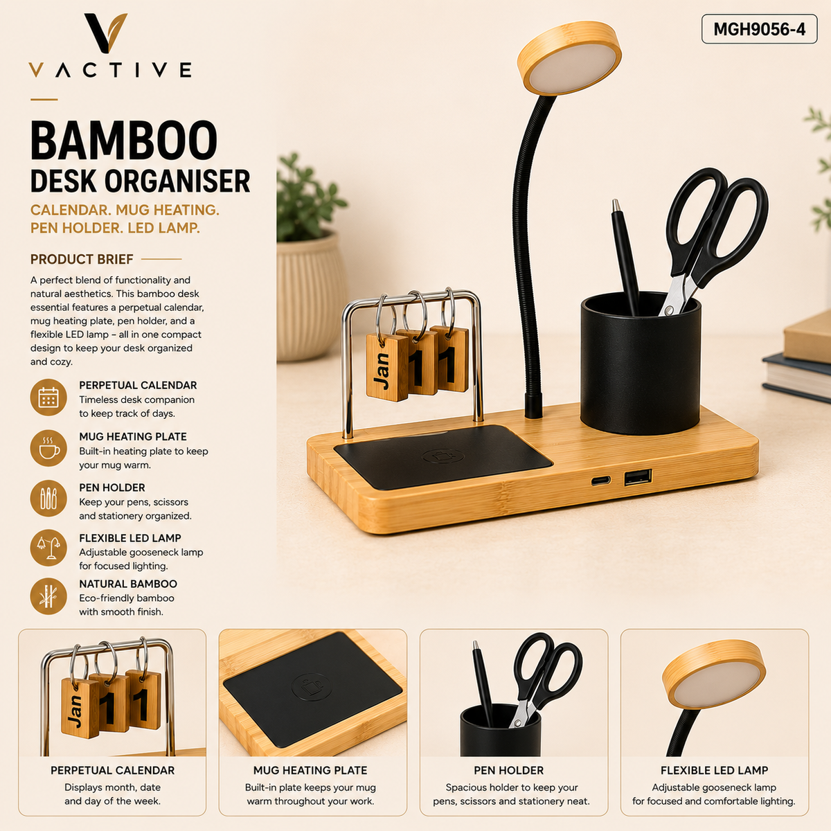 MGH9056-5 Bamboo Desk Organiser with LED Lamp, Mug Warmer, Perpetual Calendar and Pen Holder