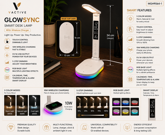 MGH9064-1 GlowSync Smart Desk Lamp with 10W Wireless Charging, RGB Base Light and Smart Display