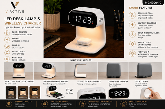 MGH9064-2 LED Desk Lamp and 15W Wireless Charger with Digital Alarm Clock and Snooze - White
