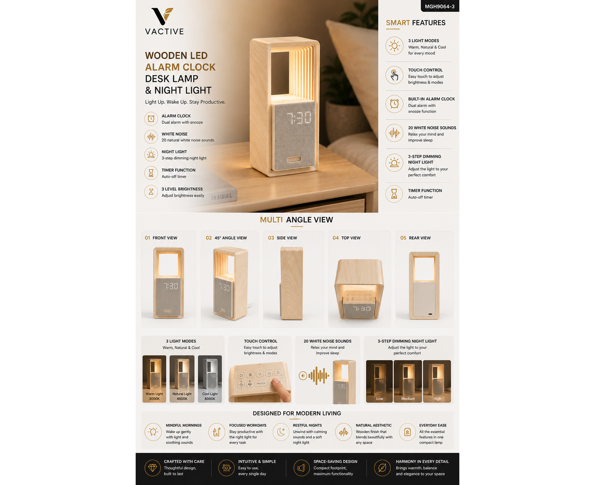 MGH9064-3 Wooden LED Alarm Clock Desk Lamp and Night Light with 3 Light Modes and White Noise