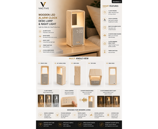 MGH9064-3 Wooden LED Alarm Clock Desk Lamp and Night Light with 3 Light Modes and White Noise