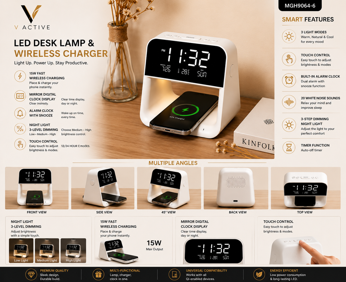 MGH9064-6 LED Desk Lamp and 15W Wireless Charger with Mirror Digital Clock Display and Dual Alarm