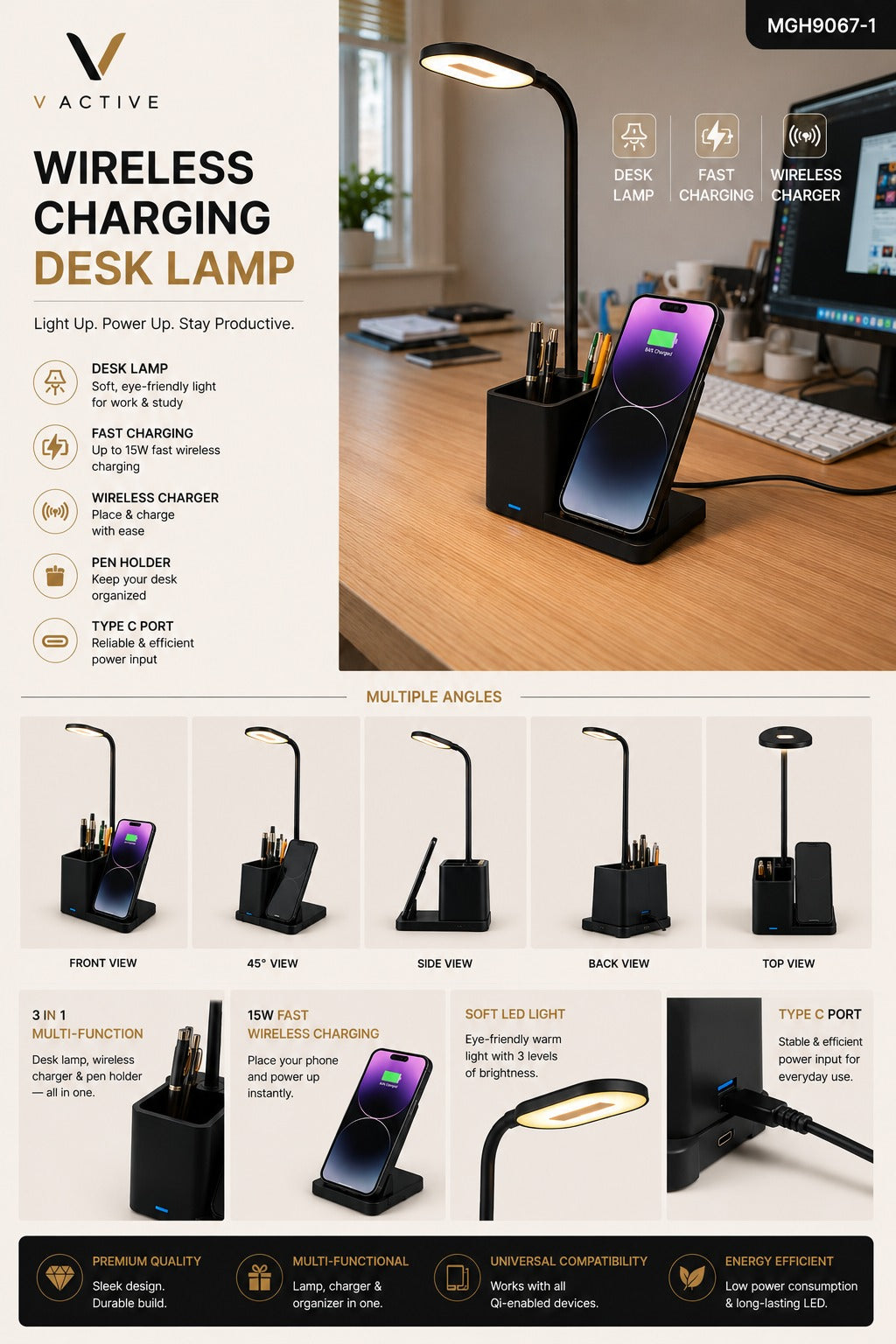 MGH9067-1 3-in-1 Wireless Charging Desk Lamp with Pen Holder - Matte Black