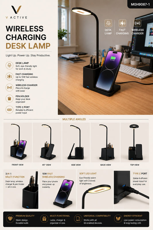 MGH9067-1 3-in-1 Wireless Charging Desk Lamp with Pen Holder - Matte Black