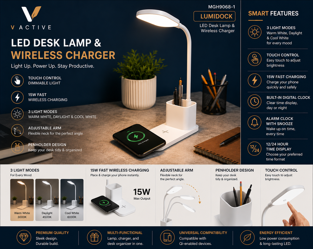 MGH9068-1 LumiDock LED Desk Lamp and 15W Wireless Charger with Digital Clock Alarm and Pen Holder - White