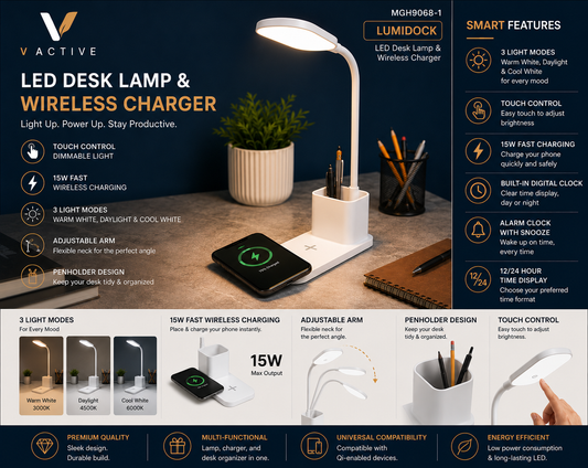 MGH9068-1 LumiDock LED Desk Lamp and 15W Wireless Charger with Digital Clock Alarm and Pen Holder - White