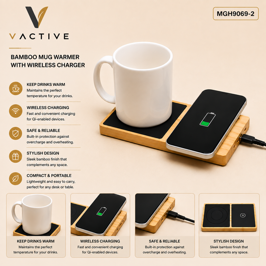 Bamboo Mug Warmer with Wireless Charger MGH9069-2 by Vactive