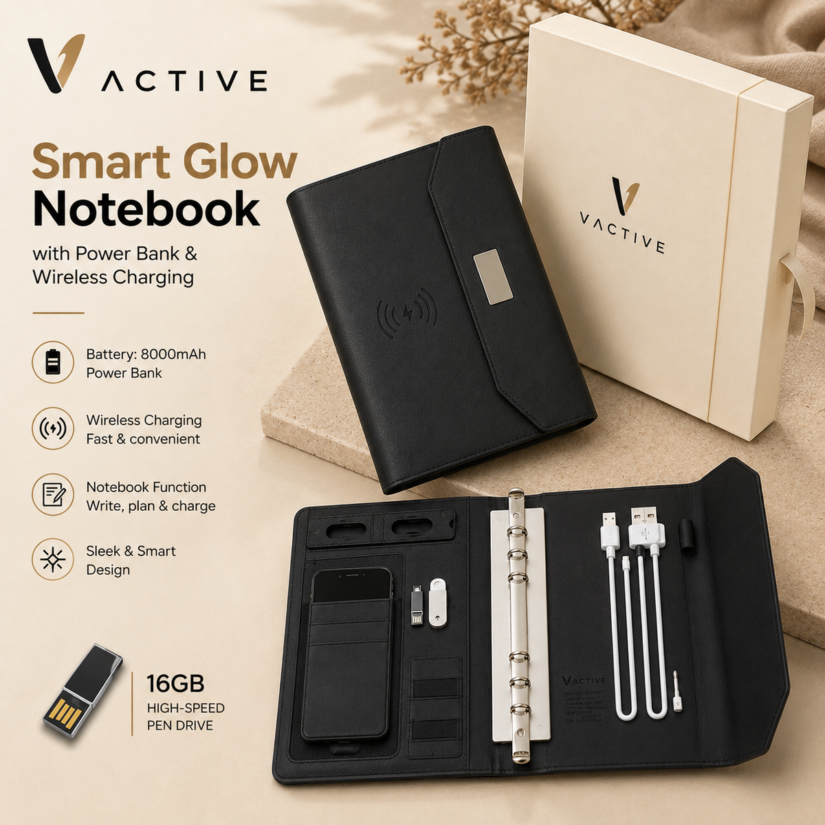 MGHM5 Smart Glow Notebook with 8000mAh Power Bank Wireless Charging 16GB Pen Drive and Multi-Cable Set - Black