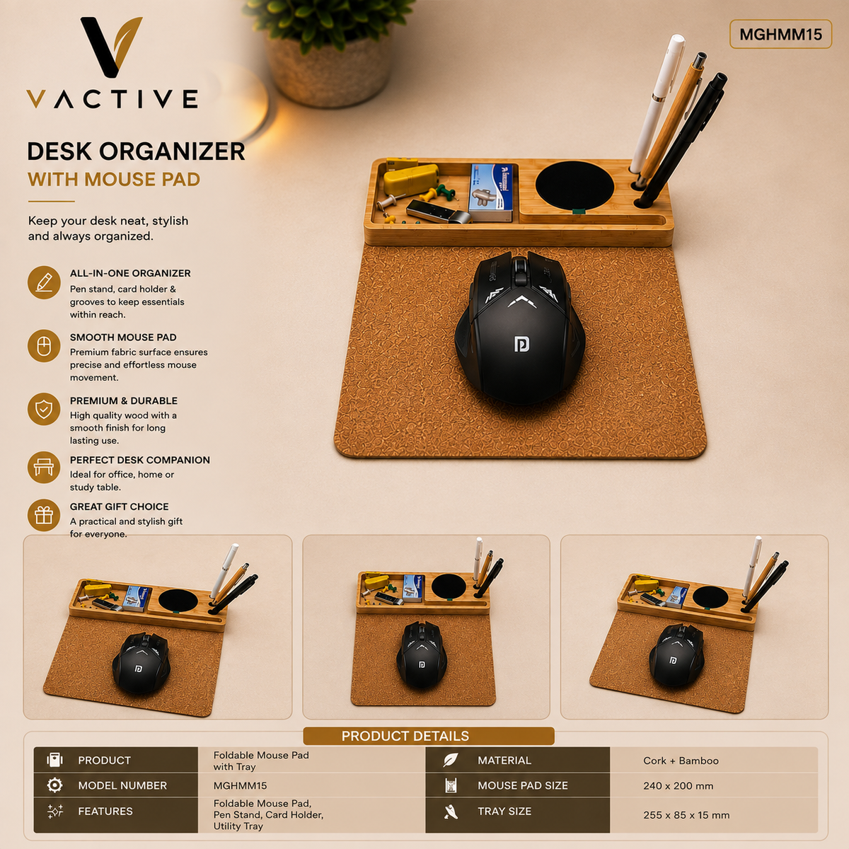 MGHMM15 VActive Cork and Bamboo Desk Organizer with Mouse Pad Pen Stand Card Holder and Utility Tray