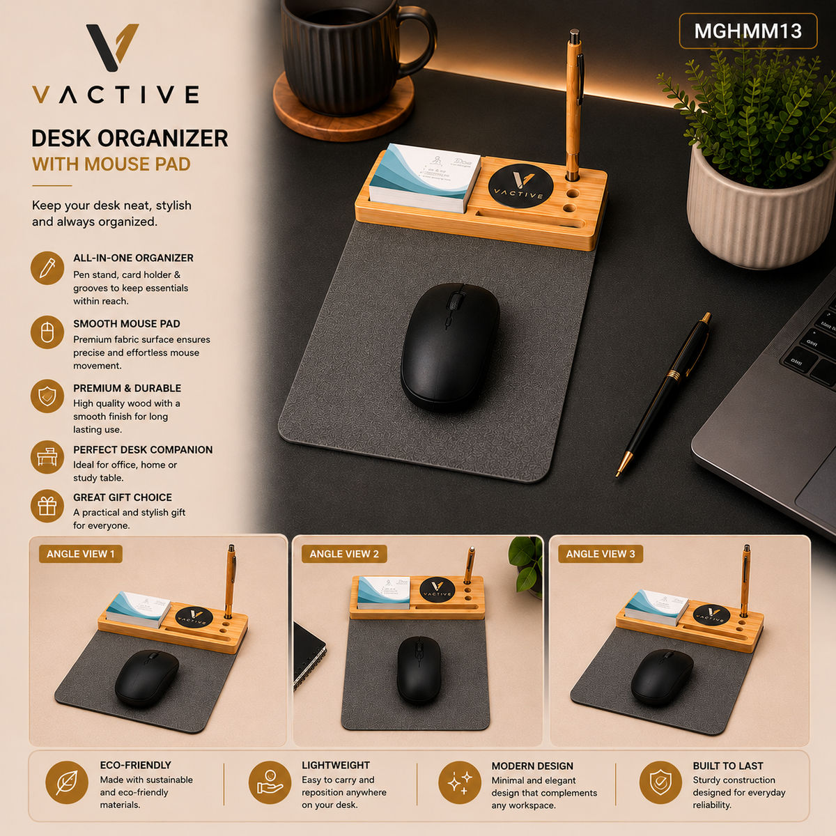 MGHMM13 VActive Bamboo Desk Organizer with Mouse Pad Pen Stand and Card Holder - Natural Bamboo Grey