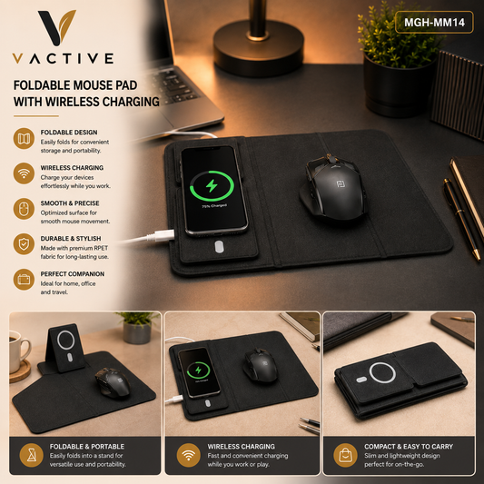 MGHMM14 VActive Foldable Mouse Pad with Wireless Charging RPET Fabric Portable Phone Stand - Black