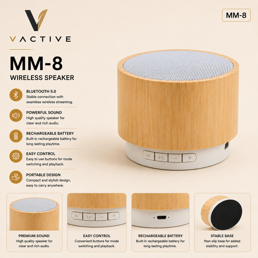 MGHMM8 MM-8 Bamboo Wireless Bluetooth 5.0 Speaker with Rechargeable Battery and USB-C Charging