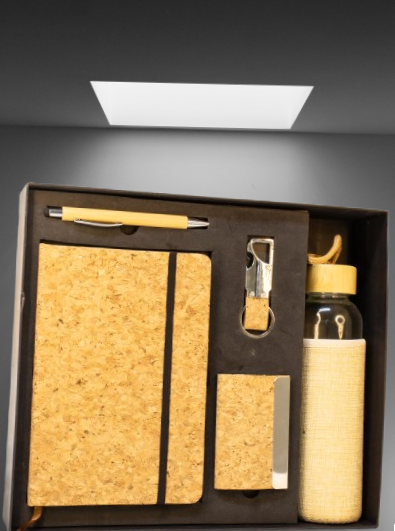 Wooden-Themed Executive Gift Hamper – Diary, Glass Bottle, Pen, Key Chain & Card Holder