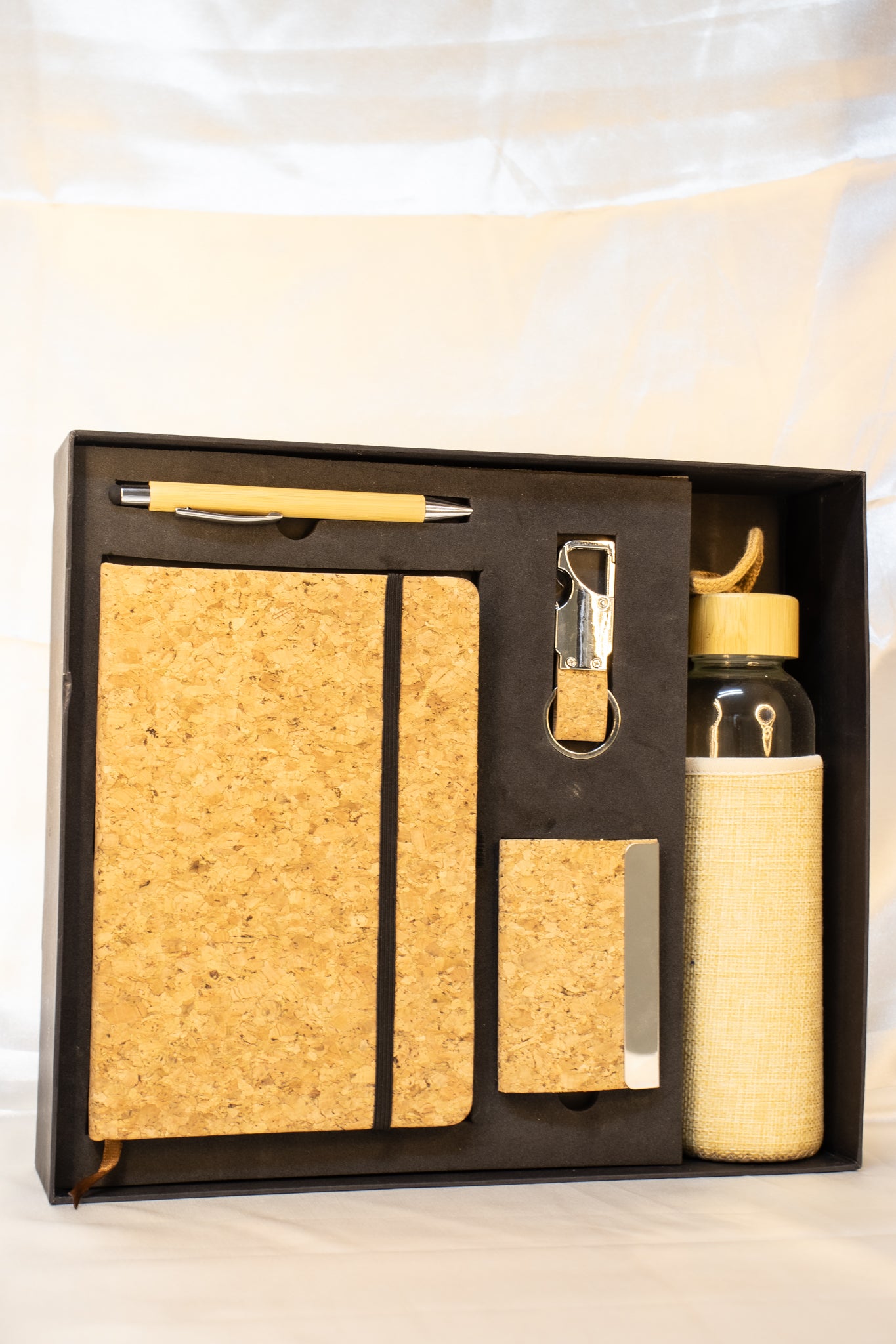Wooden-Themed Executive Gift Hamper – Diary, Glass Bottle, Pen, Key Chain & Card Holder