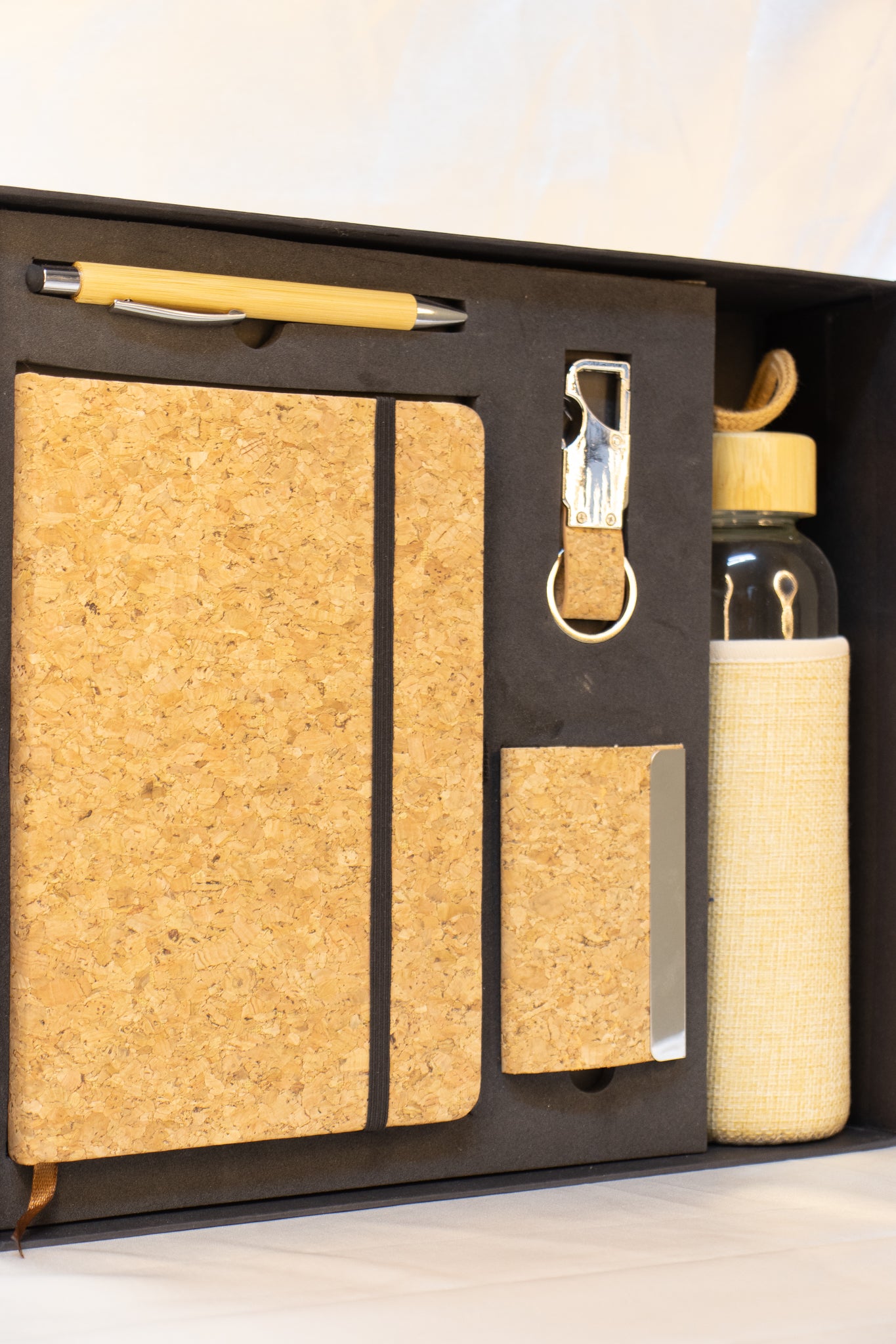Wooden-Themed Executive Gift Hamper – Diary, Glass Bottle, Pen, Key Chain & Card Holder