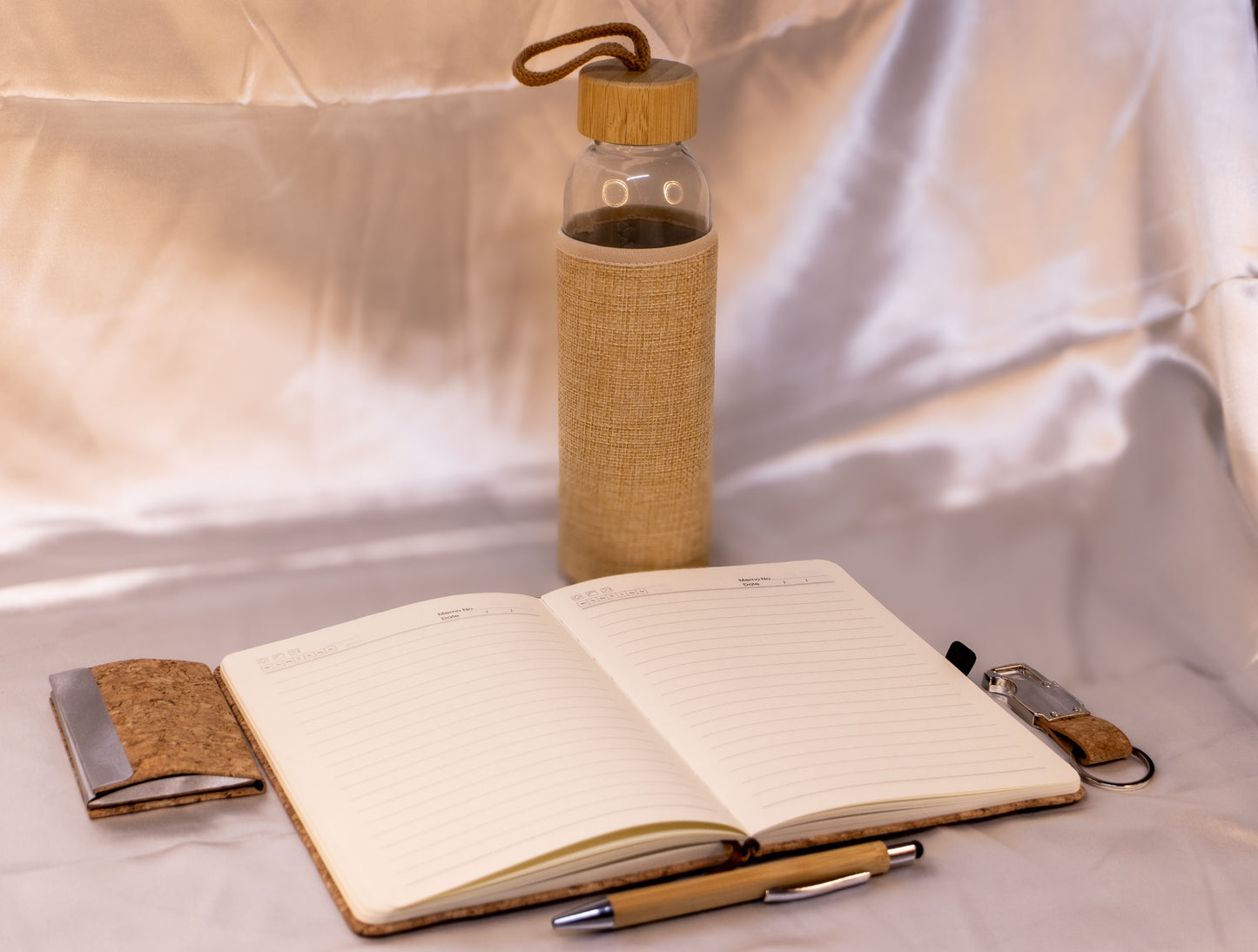 Wooden-Themed Executive Gift Hamper – Diary, Glass Bottle, Pen, Key Chain & Card Holder