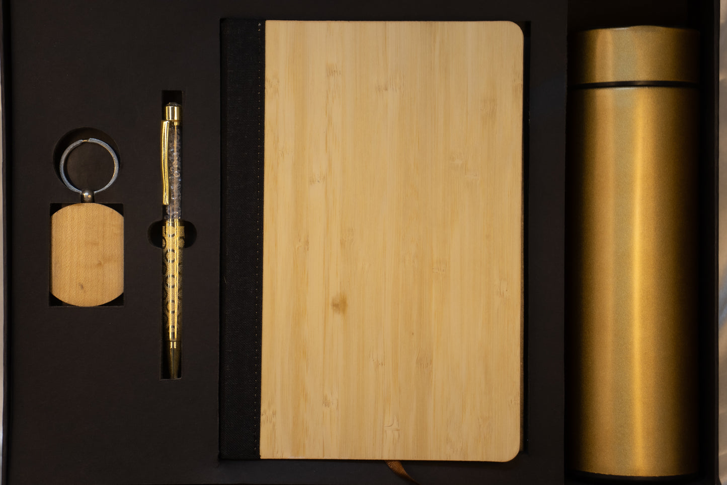 Executive Gift Hamper – Diary, 500ml Glass Bottle, Pen & Key Chain (Wooden Finish)